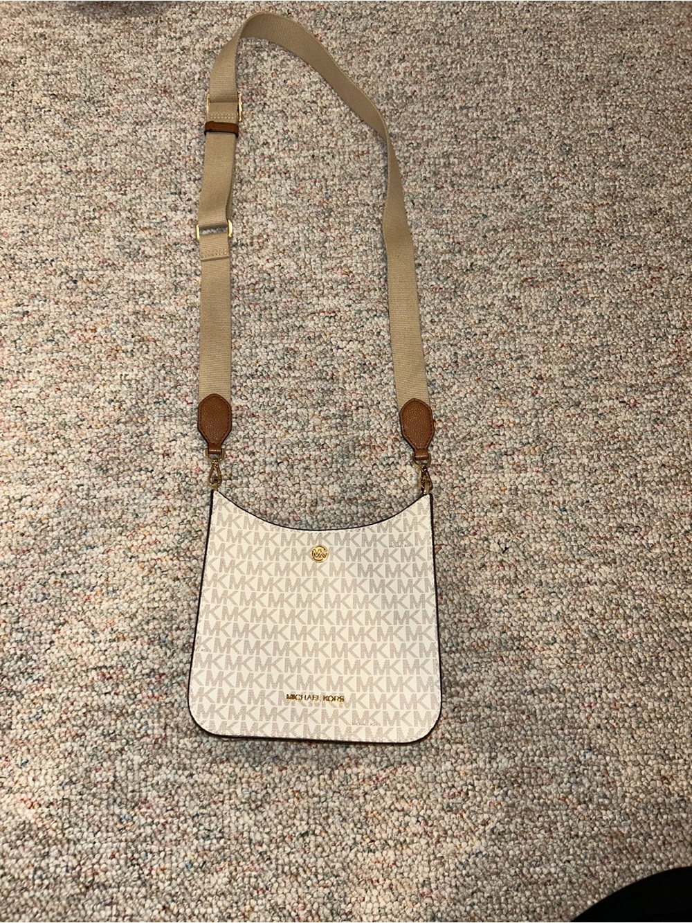 Michael Kors Cream & Tan Signature MK Crossbody Bag